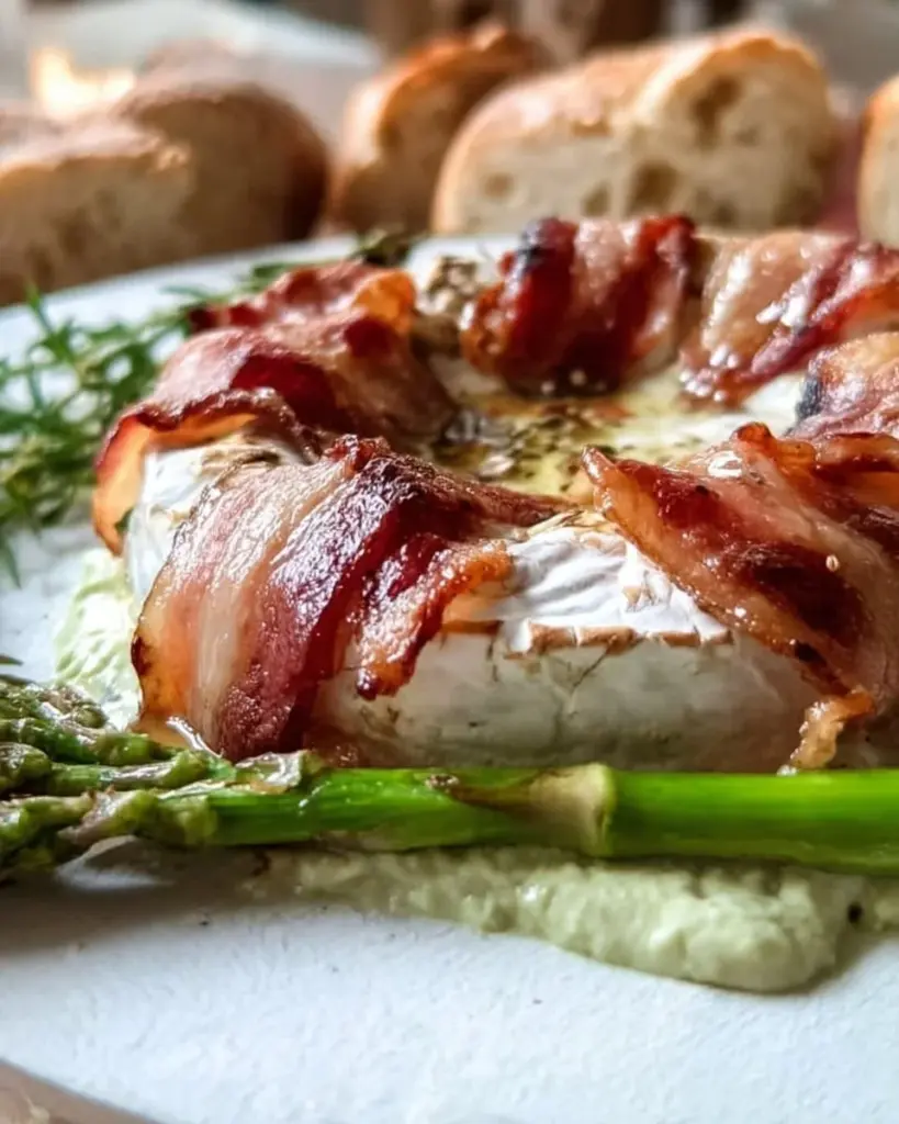 Gegrillter Camembert mit Kräutern und Früchten auf dem Grill serviert.