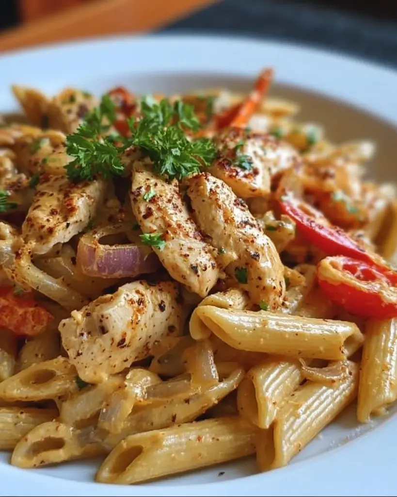 Cajun-Hühnchen-Pasta mit Cashew-Creme auf einem Teller serviert.