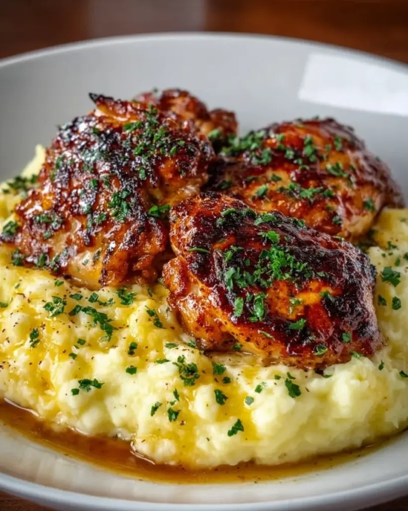 Plate of Chipotle Honey Chicken thighs with smoked gouda mashed potatoes