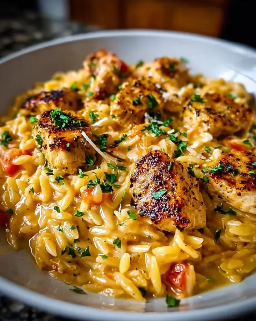 One-Pot Cajun Chicken Alfredo Orzo prepared in 30 minutes