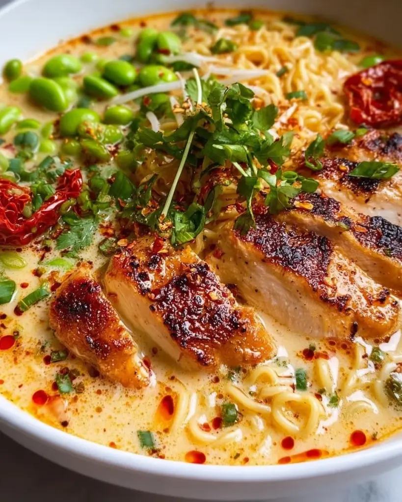 Creamy Marry Me Chicken Ramen in a bowl garnished with herbs