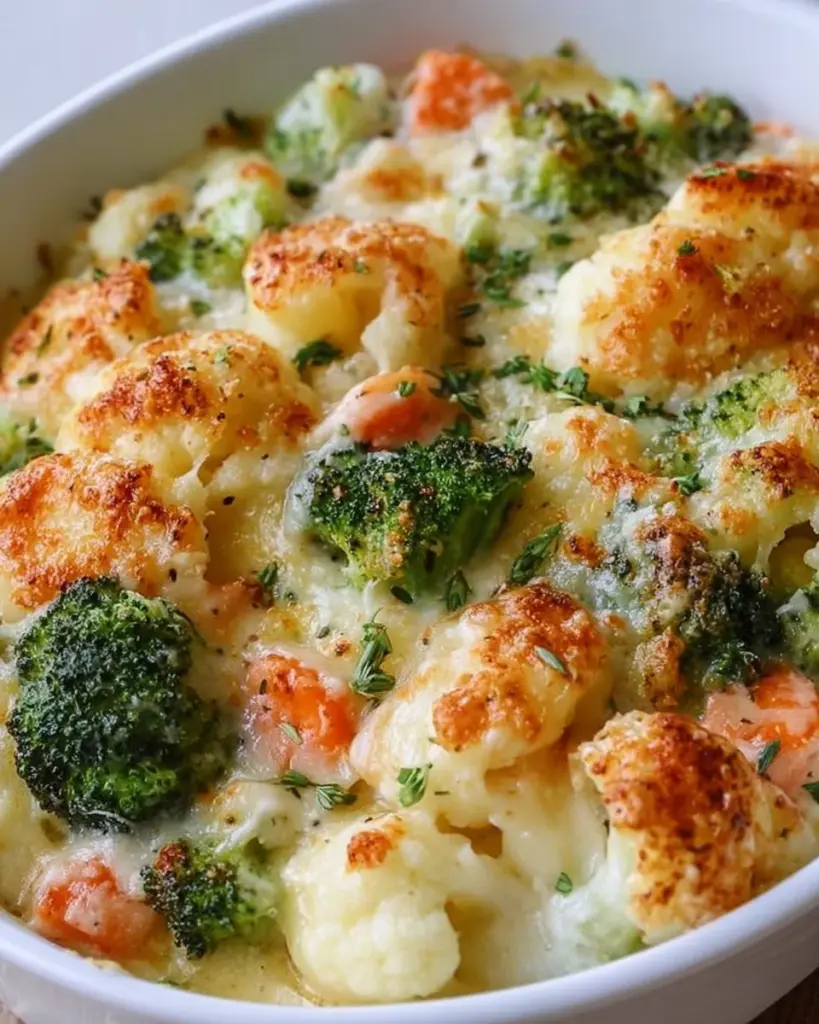 Creamy winter vegetable casserole loaded with fresh, seasonal vegetables.