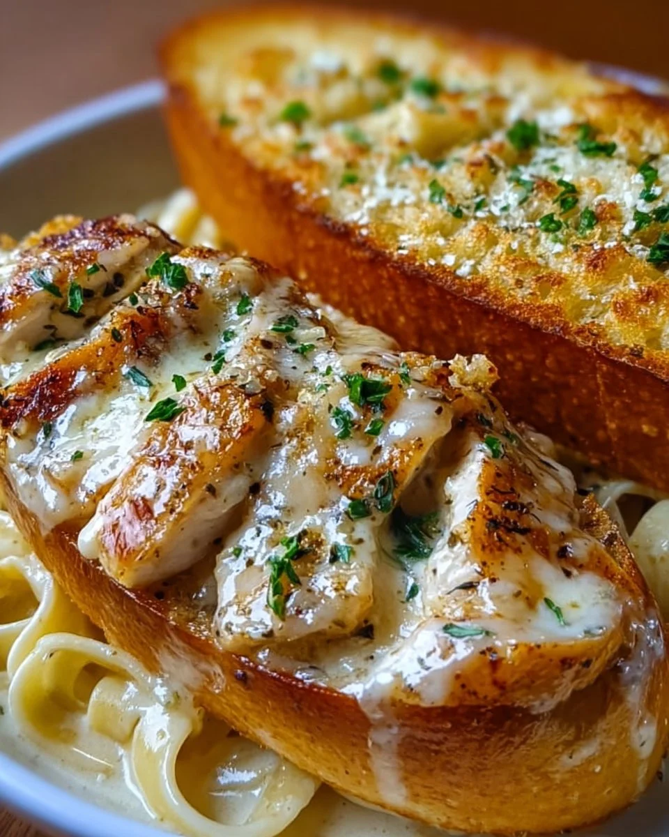 Cremiges Hähnchen-Alfredo mit knusprigem Knoblauchbrot