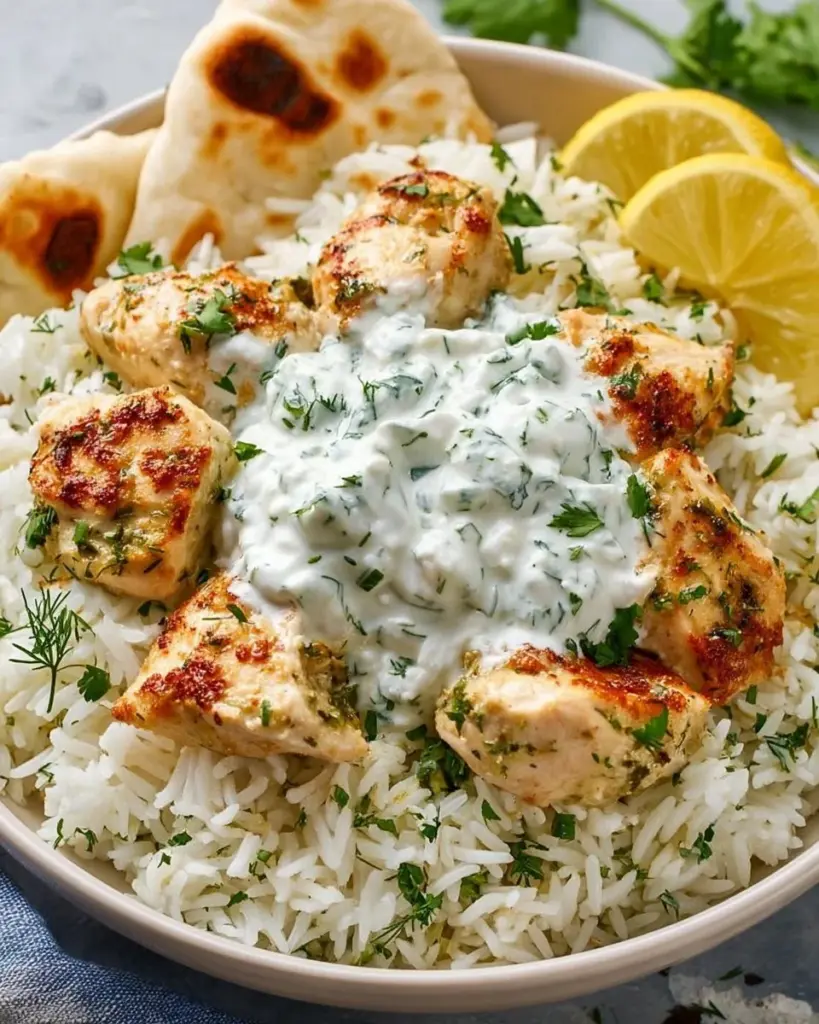 Delicious Dump-and-Bake Chicken Tzatziki served with rice in a wholesome meal
