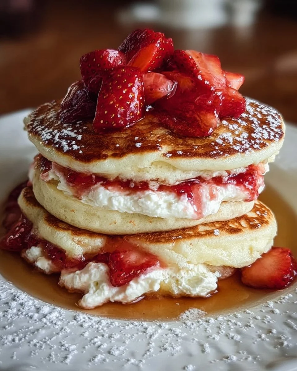 Fluffige Pfannkuchen mit Käsekuchen-Füllung und Erdbeeren