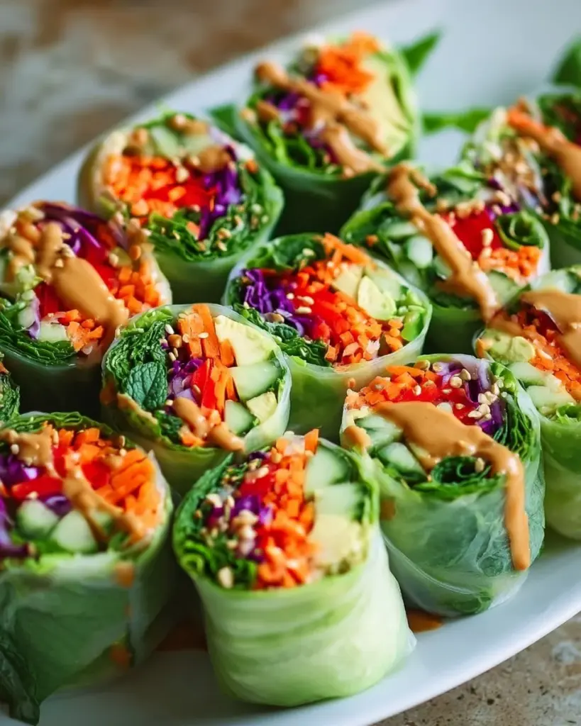 Fresh spring rolls with creamy peanut sauce on a serving platter