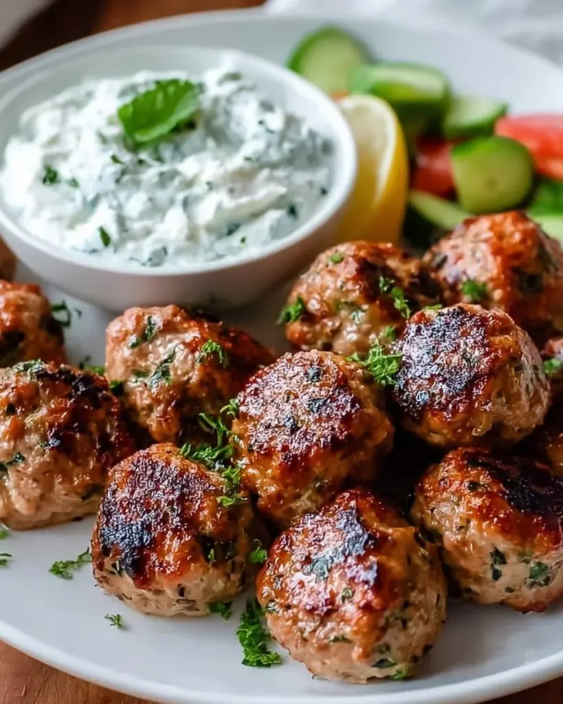 Greek turkey meatballs served with tzatziki sauce on a plate