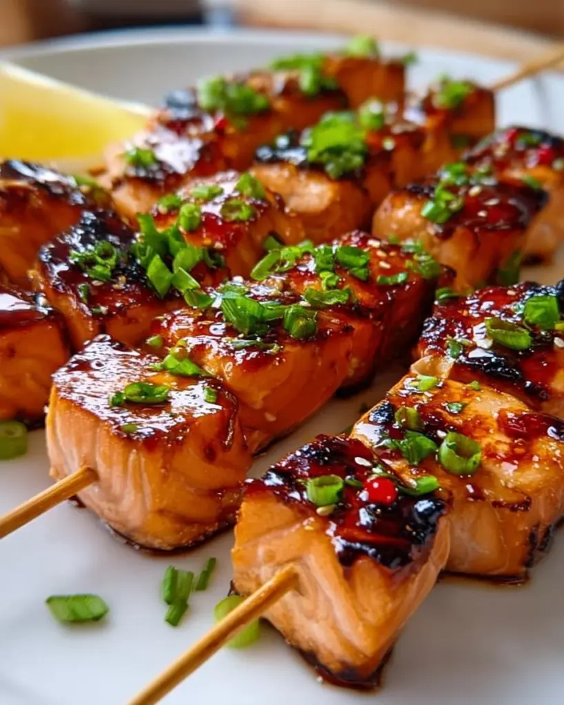 Honig-Glasierte Lachs-Spieße auf einem Grill serviert