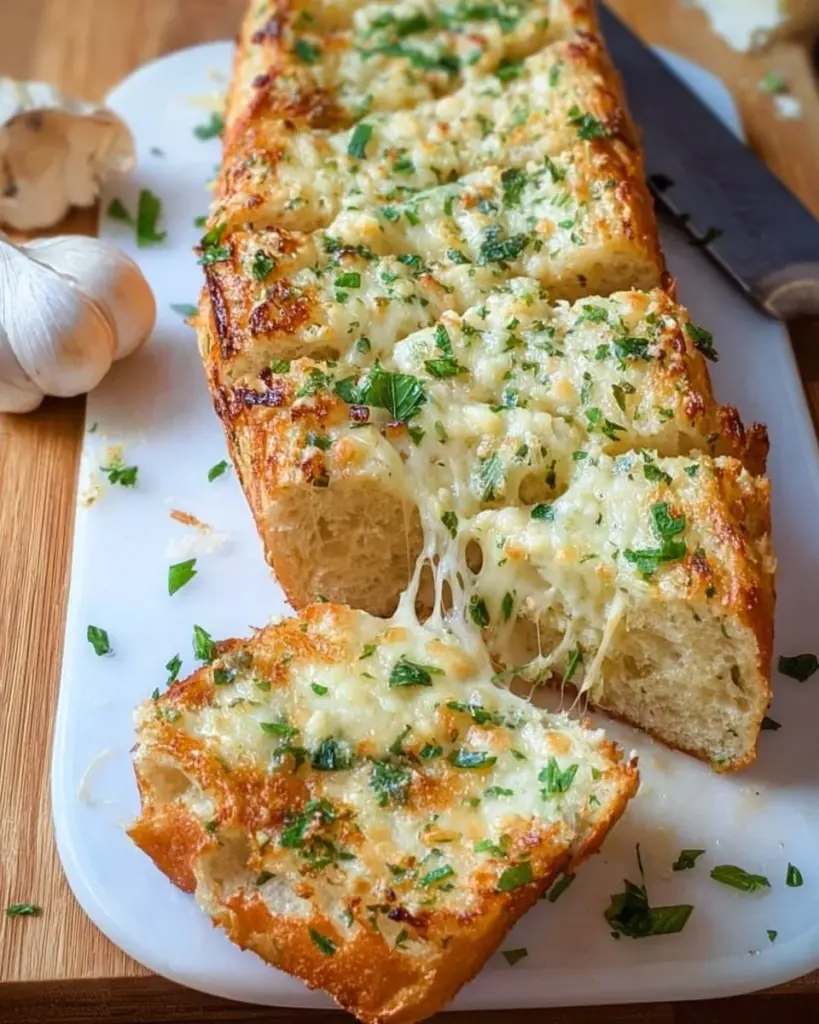 Käse-Knoblauch-Brot auf einem Holzbrett, geschmolzener Käse und frischer Knoblauch