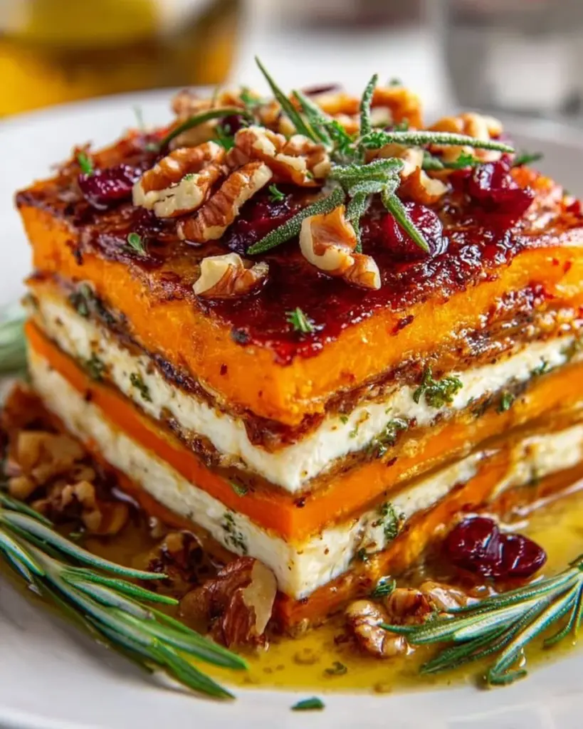 Layered sweet potato lasagna with butternut squash and carrots.