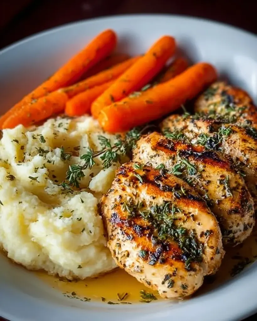 Delicious Garlic Herb Chicken served with mashed potatoes and glazed carrots