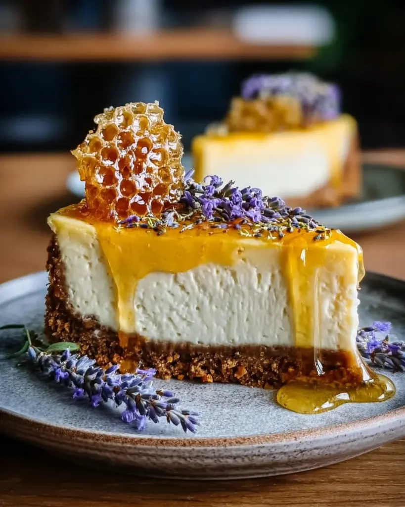 Zitrone-Lavendel Käsekuchen mit Honigwabe auf einem eleganten Dessertteller.
