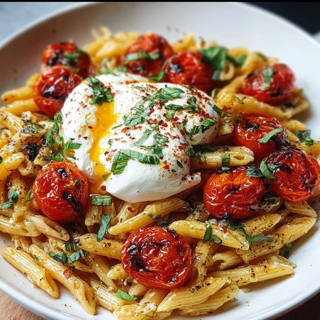 Burrata-Pasta mit ofengerösteten Tomaten auf einem Teller serviert.