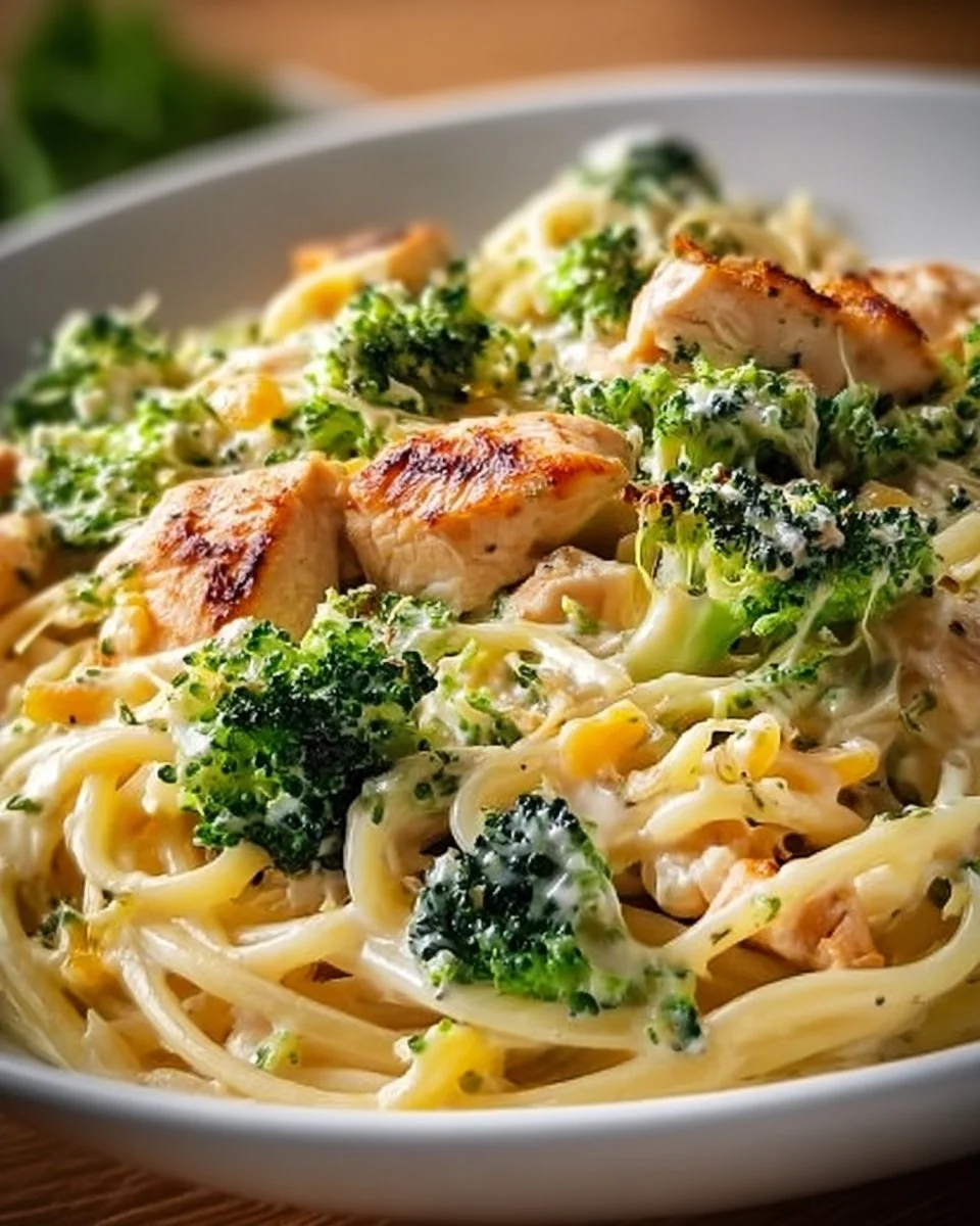 Cremige Hähnchen Brokkoli-Pasta mit frischem Brokkoli und zartem Hähnchenfleisch