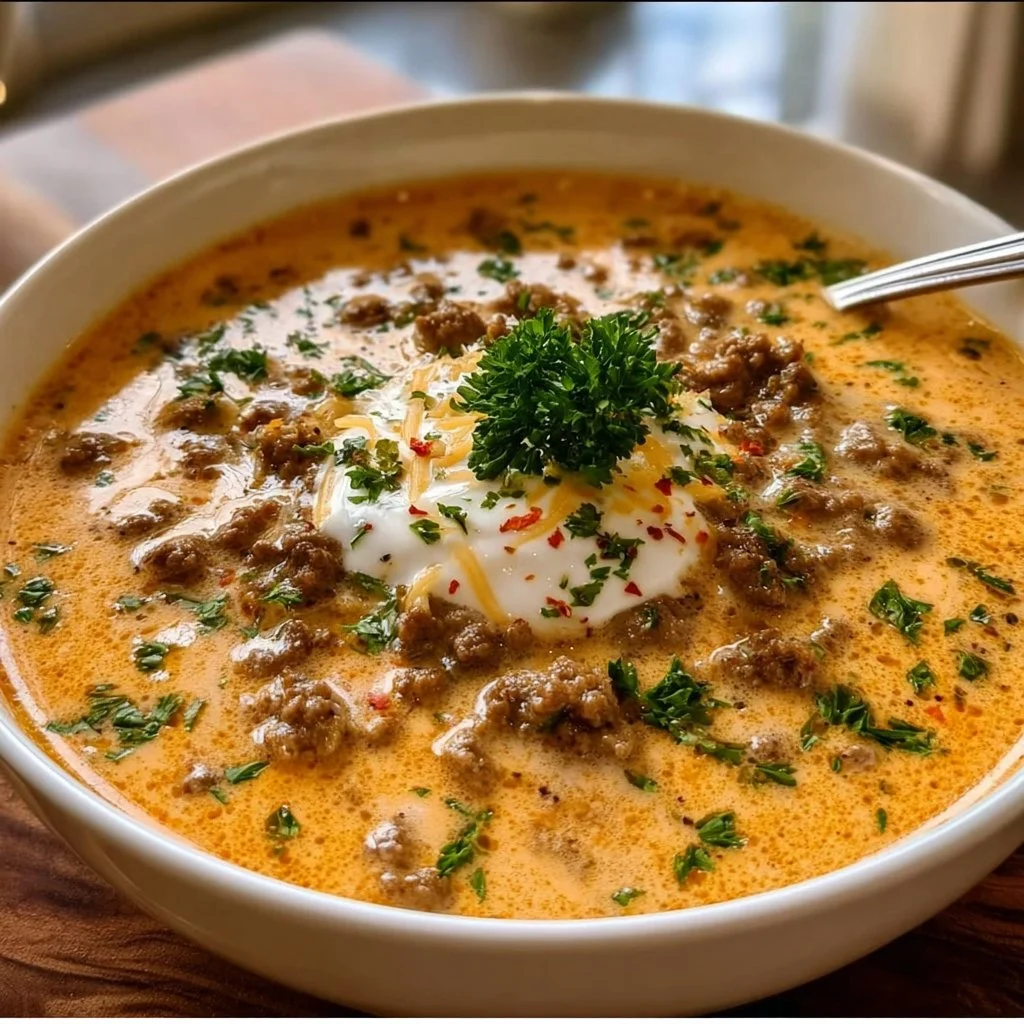Cremige Käsesuppe mit Hackfleisch