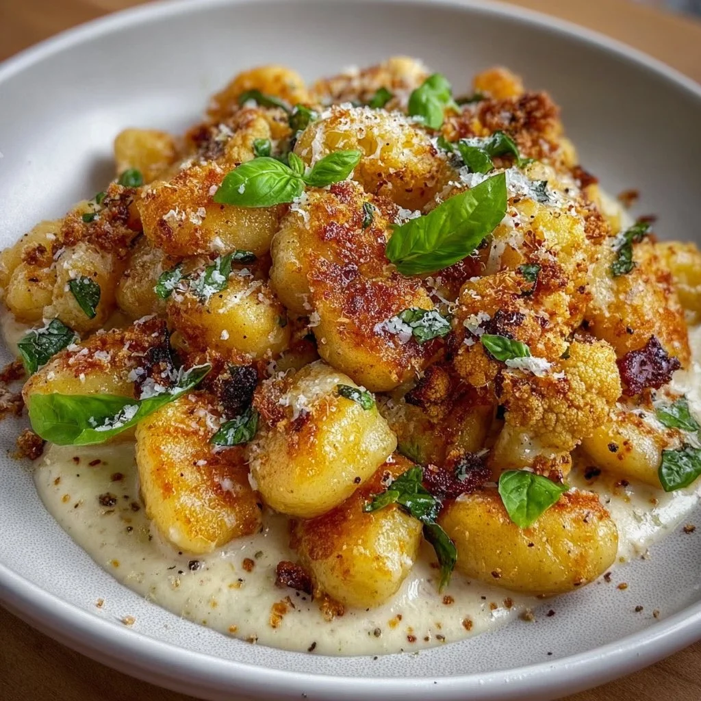 Gebratene Gnocchi mit karamellisiertem Blumenkohl auf einem Teller