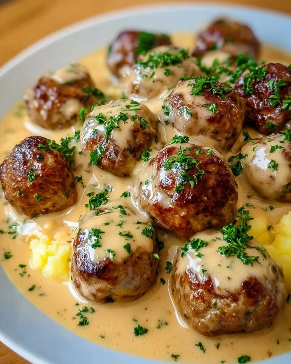 Hackbällchen in cremiger Sauce mit Kartoffelpüree