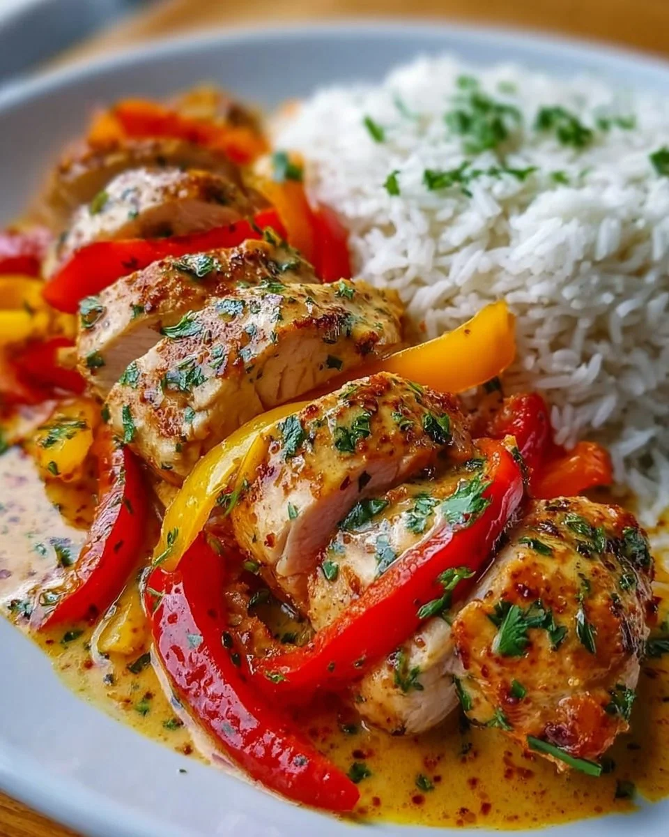 Hähnchengeschnetzeltes mit Paprika und Reis