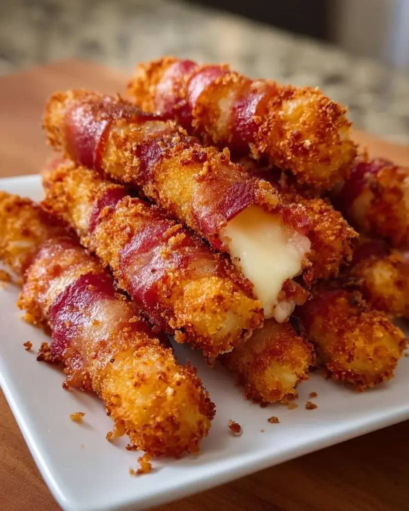 Knusprige Speck-Käse-Sticks auf einem Teller serviert