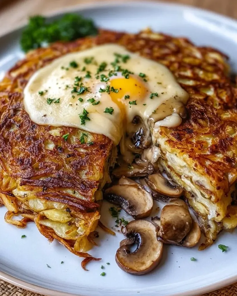 Mozzarella Rösti auf einem Teller serviert, knusprig und goldbraun.