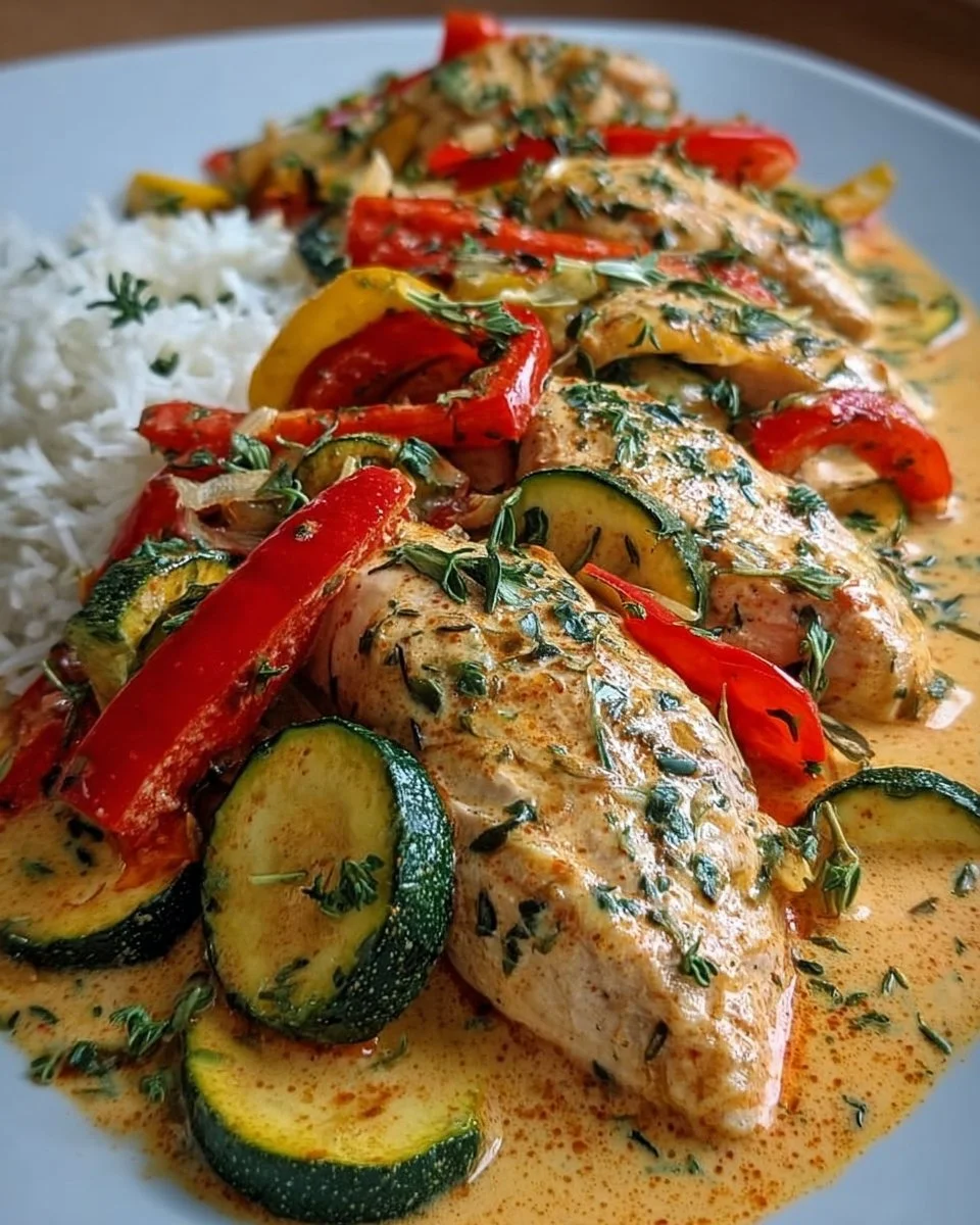 Paprika-Zucchini- Sahne-Hähnchen