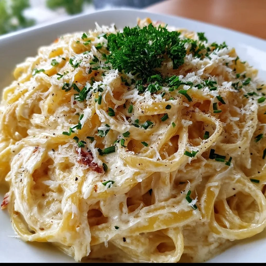 Pasta mit Käse-Sahne-Soße auf einem Teller serviert