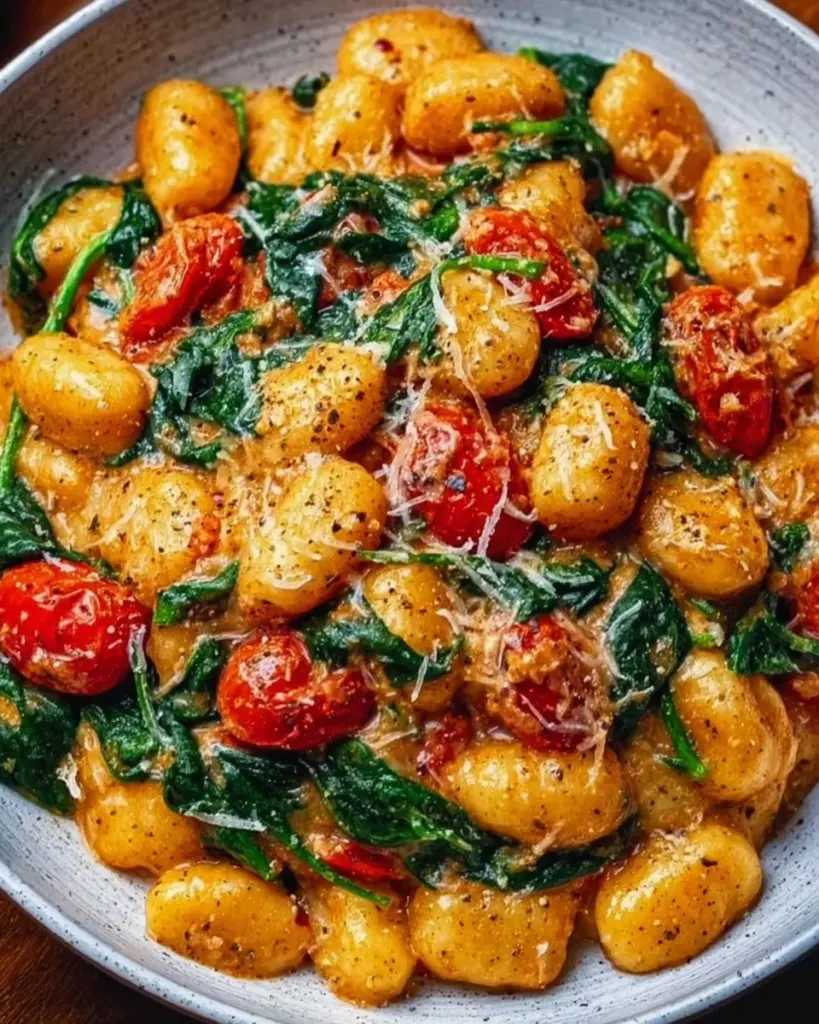 Schnelle Gnocchi-Pfanne mit Tomaten und Spinat auf einem Teller serviert.