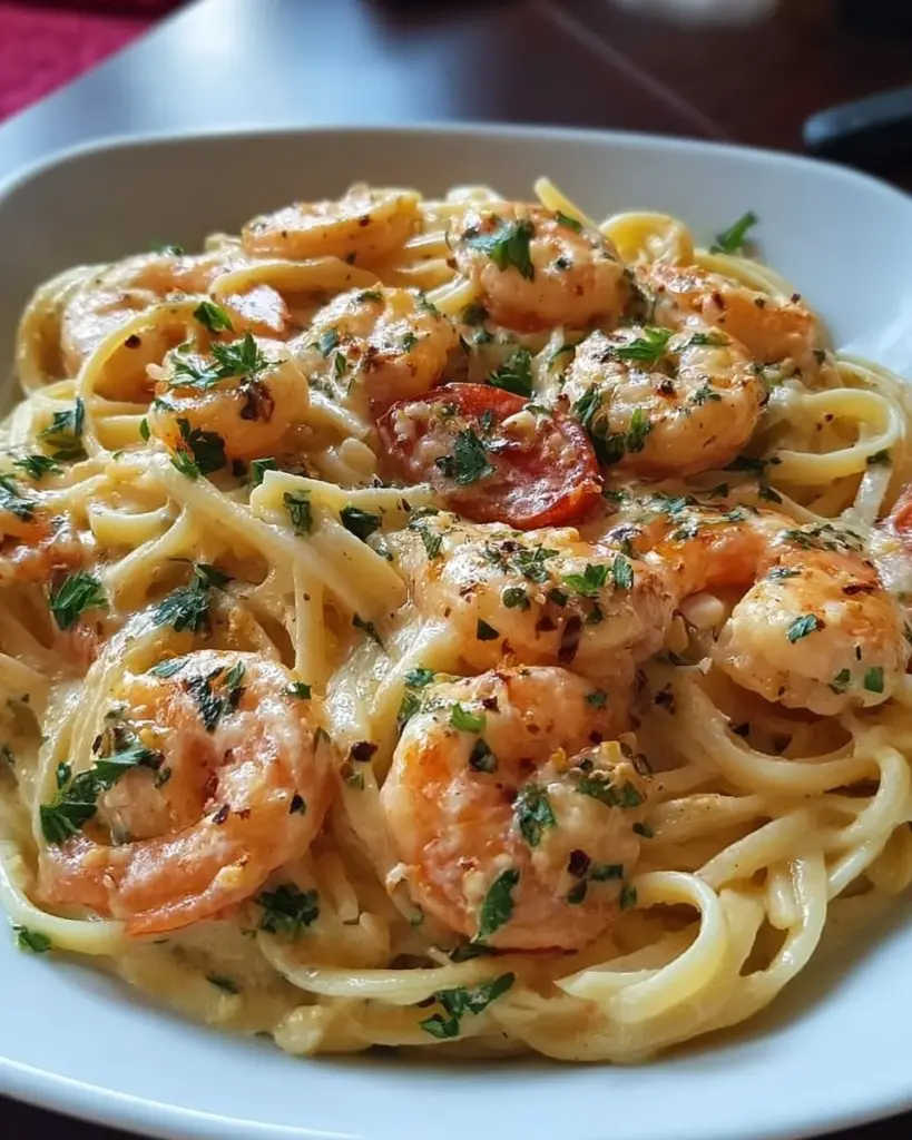 Spaghetti Garnelen in Frischkäsesauce auf einem Teller serviert