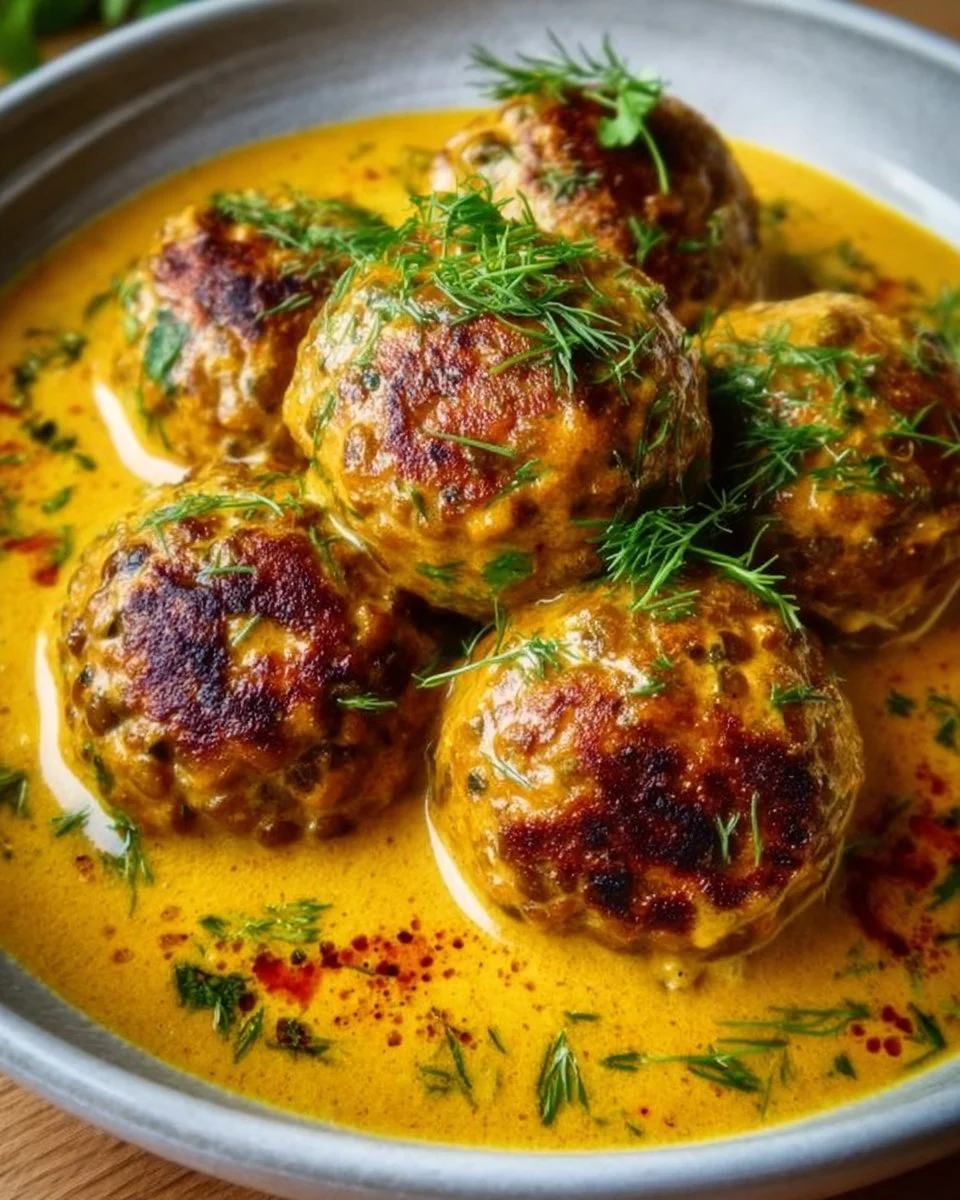 Vegane Linsenknödel in cremiger Curry-Sauce