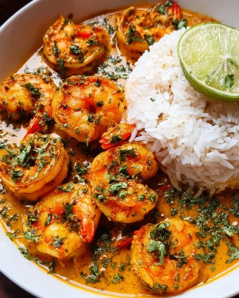Aromatisches Garnelen Curry mit Kokosmilch und Reis serviert auf einem Teller