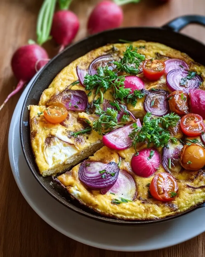Bunte Frittata mit gerösteten Radieschen und Aceto Balsamico auf einem Teller