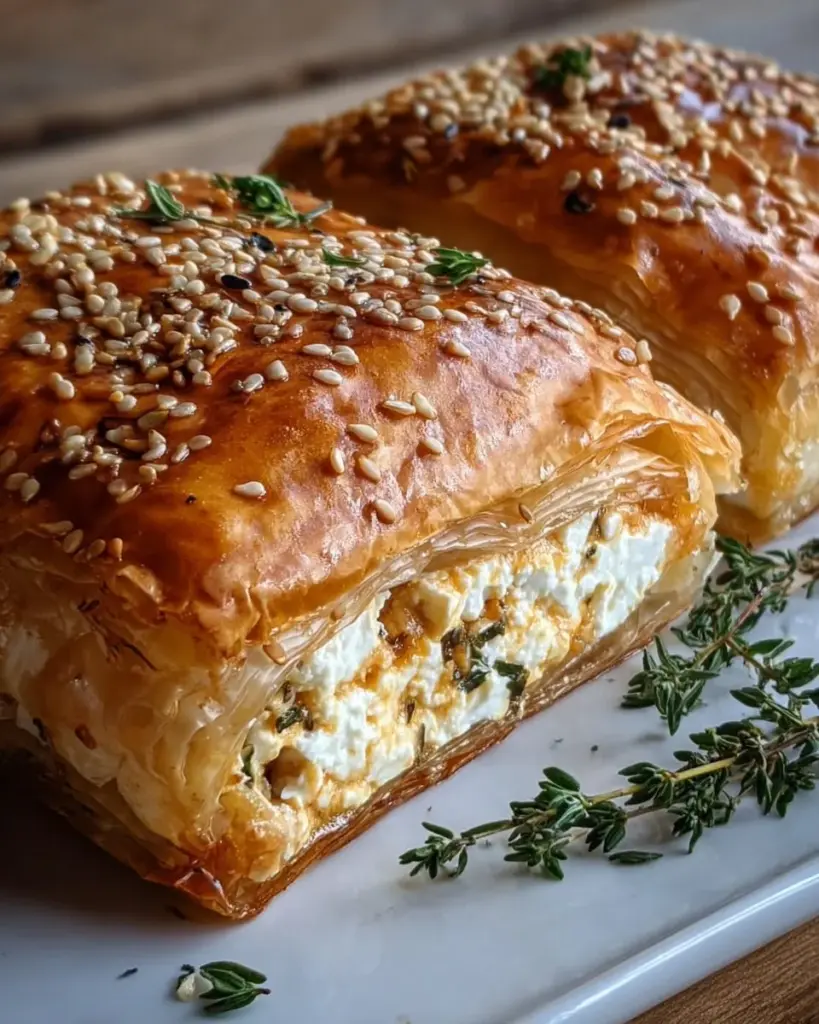 Feta Blätterteig mit Sesam und Thymian auf einem Teller serviert