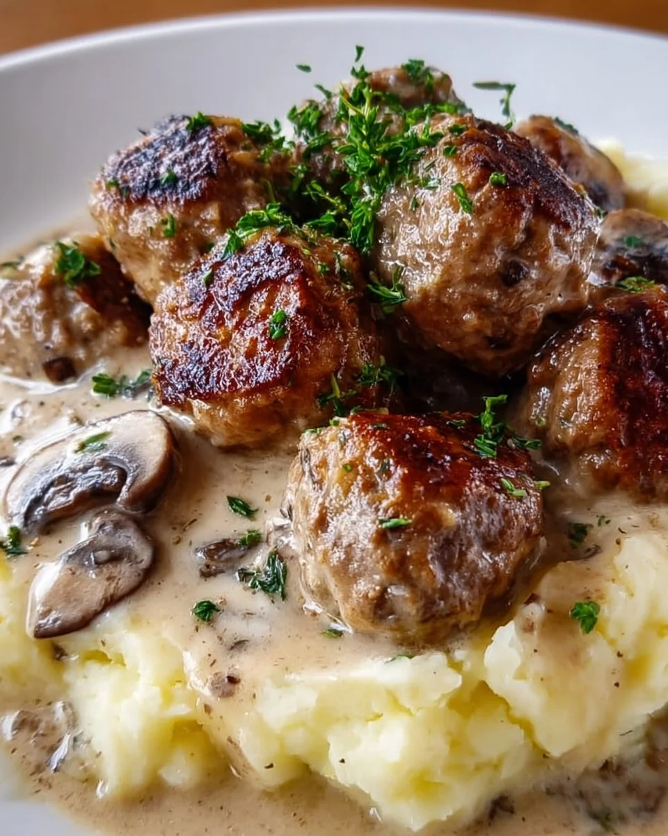 Fleischbällchen mit Kartoffelpüree und Champignonrahmsauce