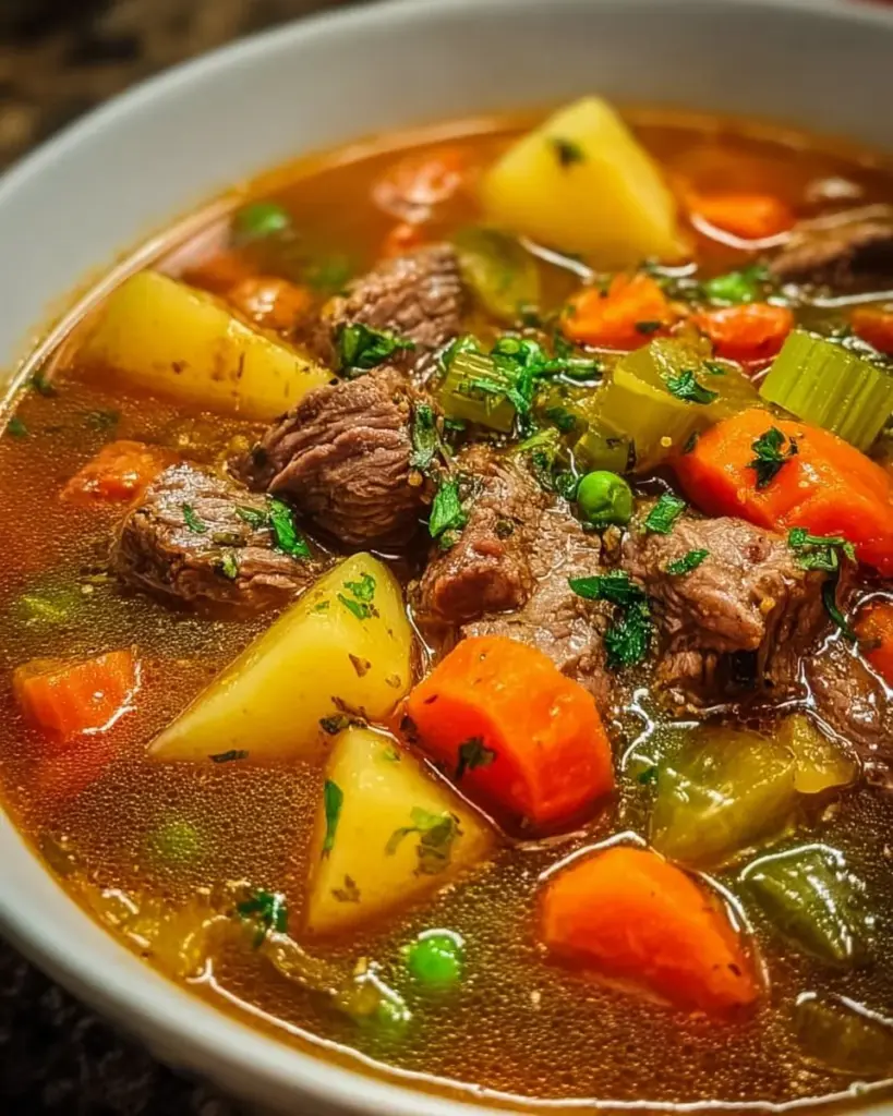 Schüssel mit heißer Gemüse Rindfleisch Suppe voll mit frischen Zutaten.