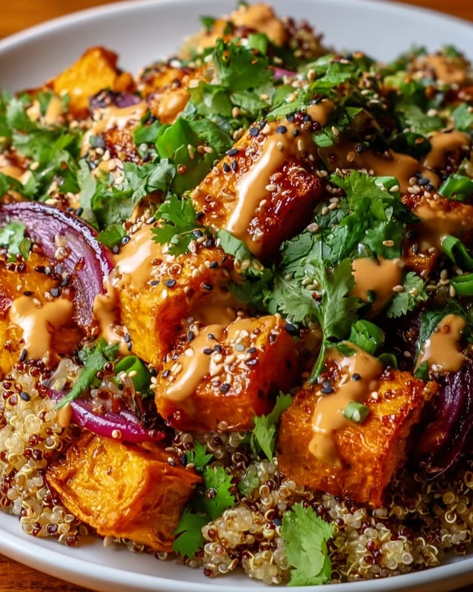 Gerösteter Süßkartoffel-Quinoa- Salat mit Sesam-Miso-Sauce