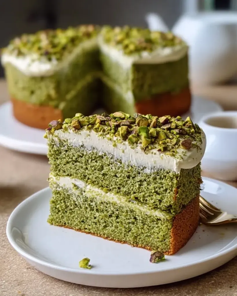 Glutenfreier Matcha-Pistazienkuchen auf Holzbrett serviert