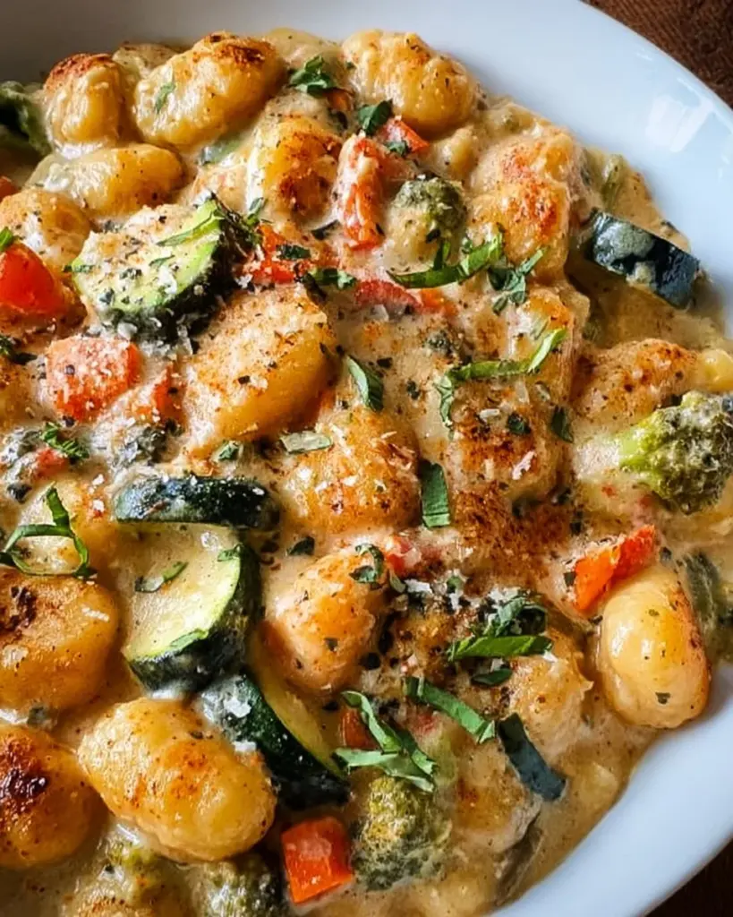 Gnocchi aus einem Topf mit cremigem Gemüse auf einem Teller serviert