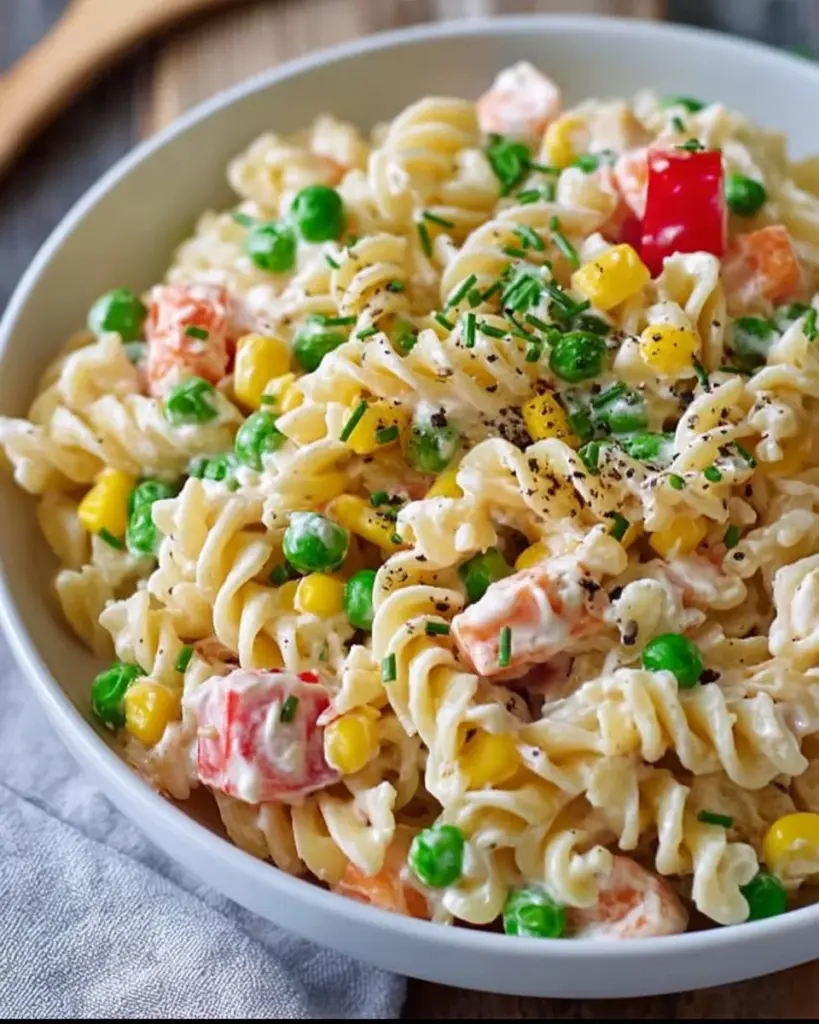 Leckerer Kinder Nudelsalat mit Frischkäse auf einem bunten Teller serviert.