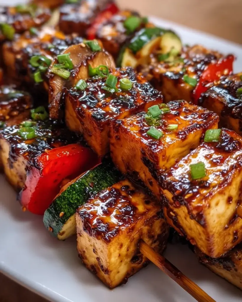Knoblauch-Soja-glasierte Tofu-Spieße auf einem Grill serviert