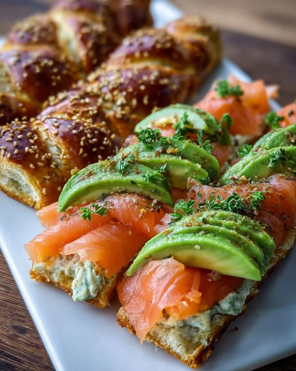 Lachs Avocado Laugenstange mit frischem Topping serviert