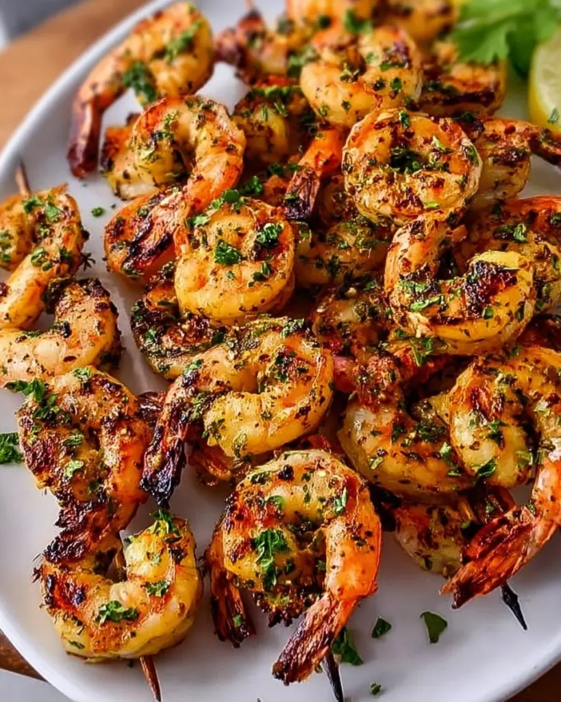 Marinierte gegrillte Garnelen-Skelette auf dem Grill serviert