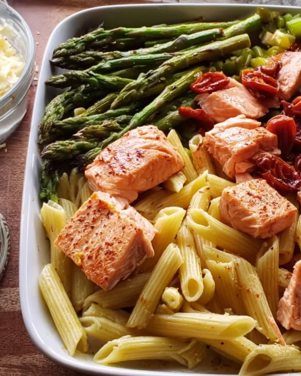 Marinierte Lachswürfel mit grünem Spargel und Penne