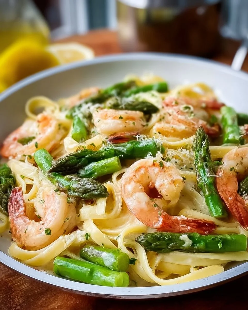 Pasta mit grünem Spargel und Garnelen
