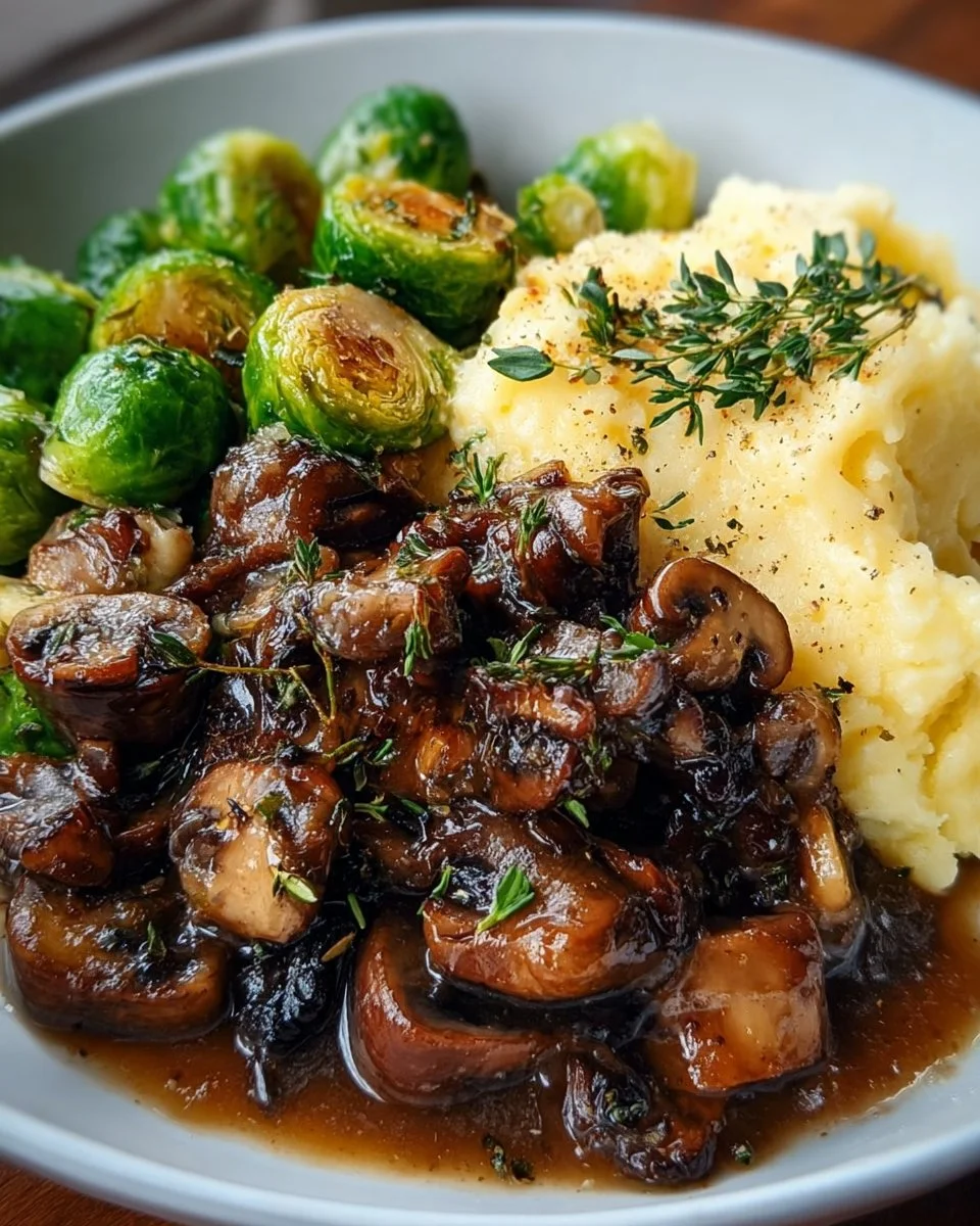 Pilzpfanne mit Rosenkohl und Kartoffelpüree