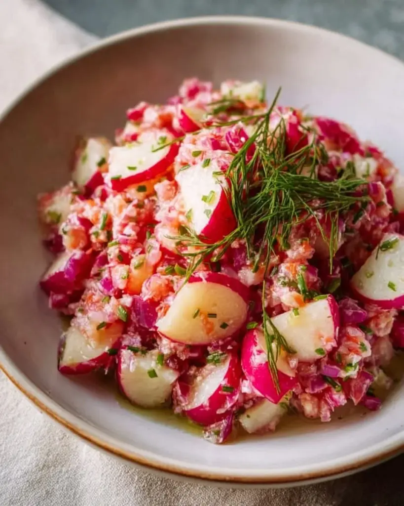 Frischer Radieschensalat mit Apfel auf einem Teller