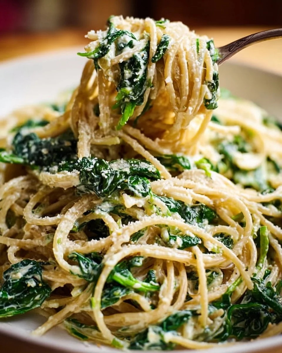 Spaghetti with Spinach Cream Cheese Sauce