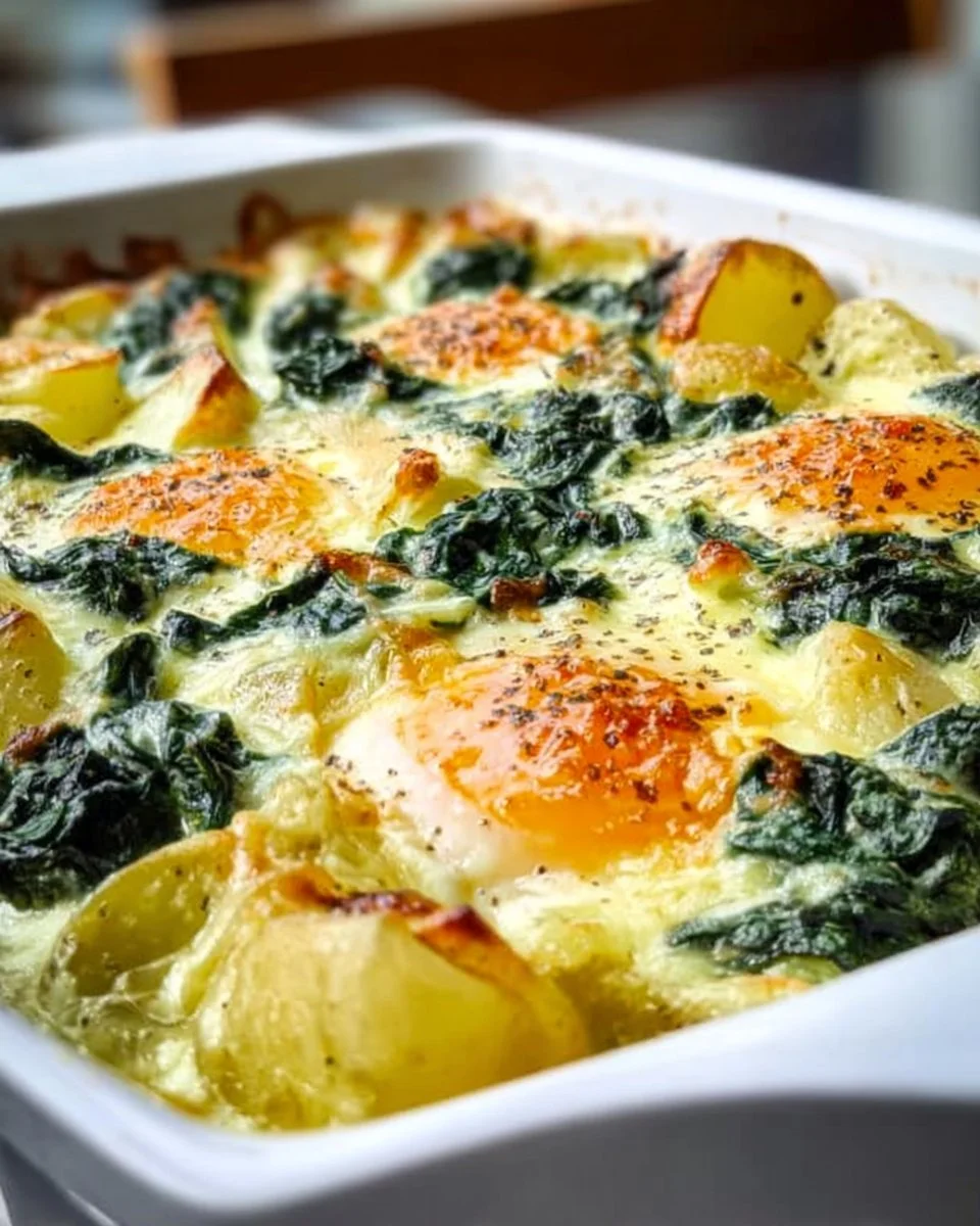 Spiegeleier Gratin mit Kartoffeln und Spinat