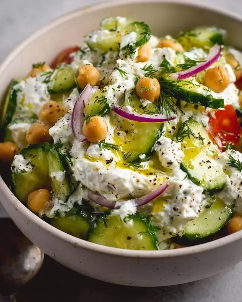 Hausgemachtes Tzatziki mit Joghurt, Gurken und Knoblauch auf einem Teller.
