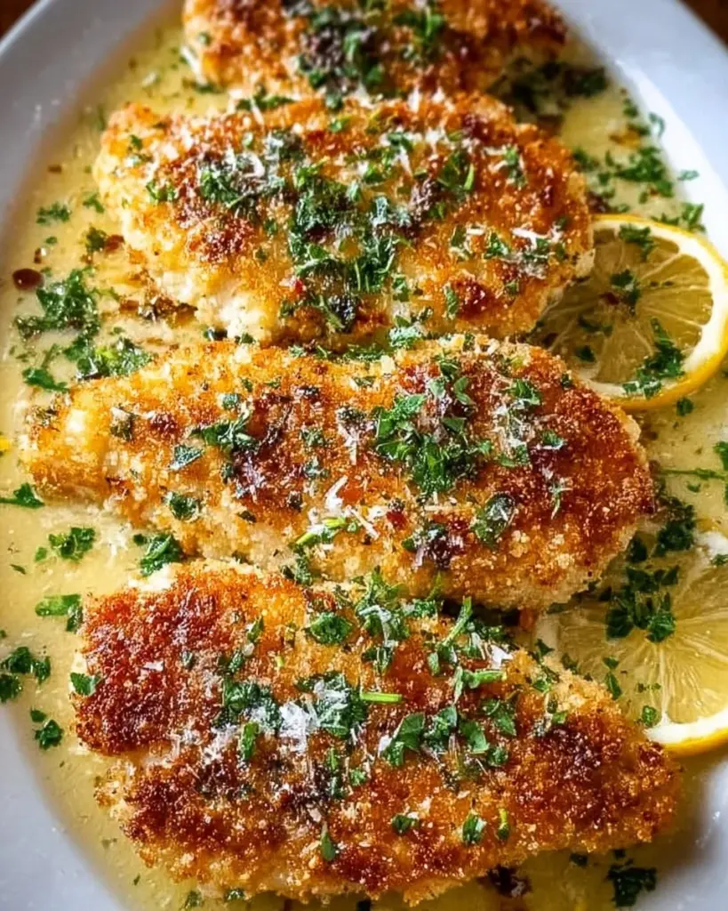 Zitronen Parmesan Pfannenhähnchen auf einem Teller angerichtet