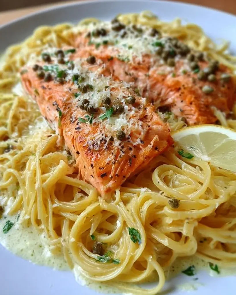 Leckere Zitronenlachs-Pasta mit frischen Kräutern und Zitronenscheiben serviert